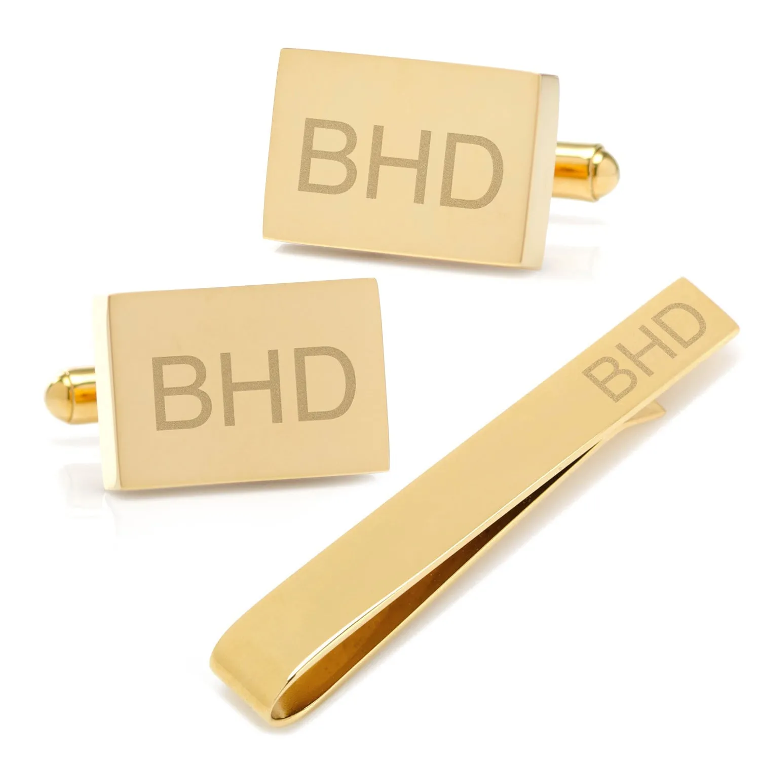 Engravable Rectangle Gold Cufflinks and Tie Bar Gift Set sold by Sartoro product image thumbnail 2