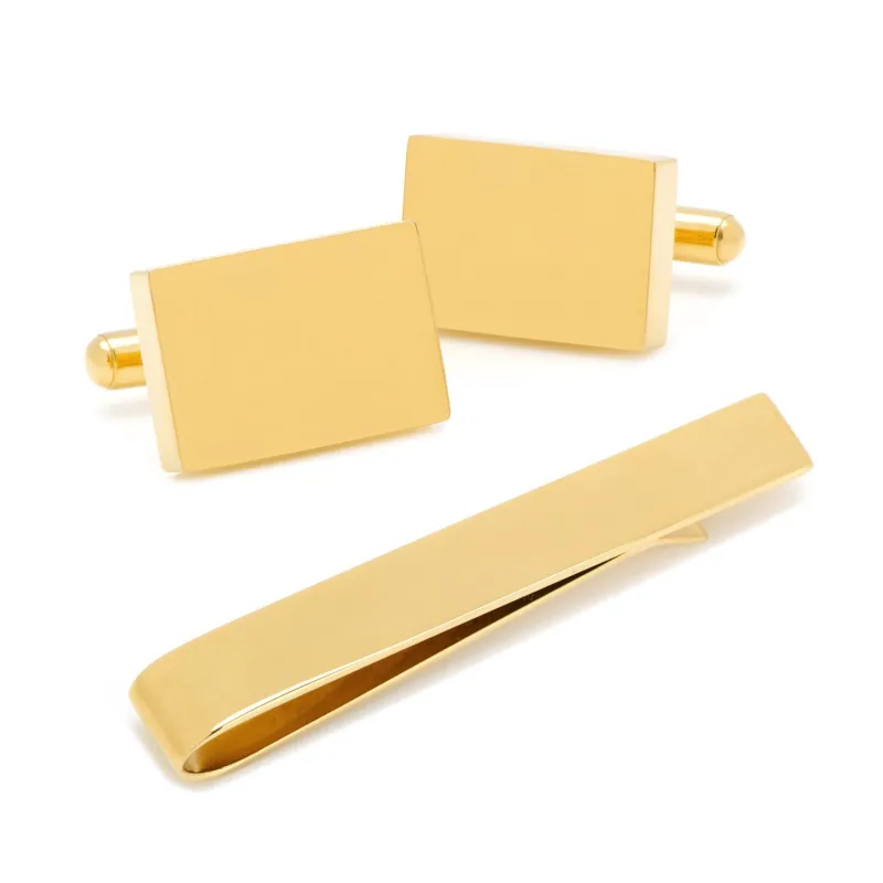 Engravable Rectangle Gold Cufflinks and Tie Bar Gift Set made by Sartoro