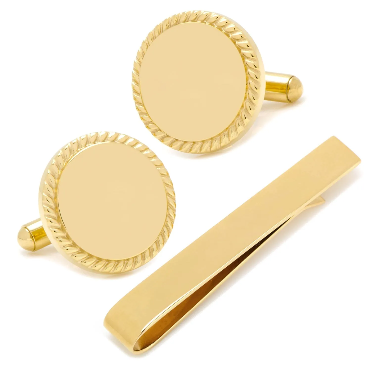 Engravable Gold Plated Rope Border Round Cufflinks and Tie Bar Gift Set sold by Sartoro