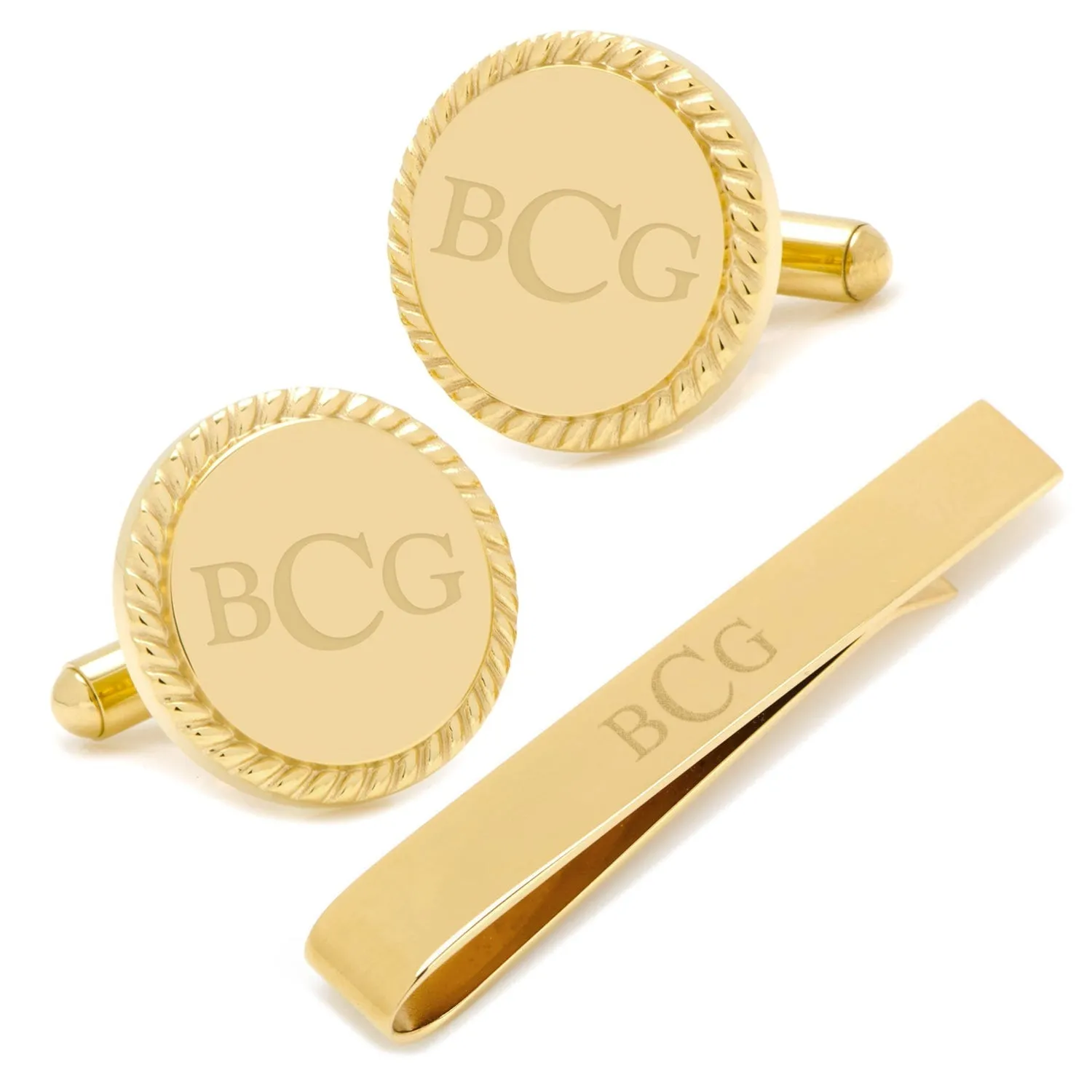 Engravable Gold Plated Rope Border Round Cufflinks and Tie Bar Gift Set sold by Sartoro product image thumbnail 2