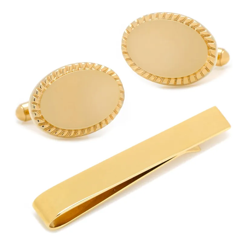 14K Gold Plated Rope Border Oval Cufflinks and Tie Bar Gift Set made by Sartoro