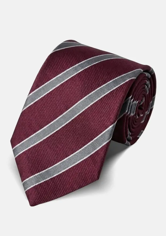 Wine Red Silver Stripe Tie made by Sartoro