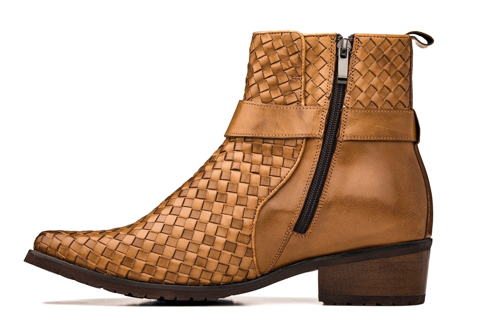 Light Brown Woven Buckle High-Top Ankle Zip-Up Boots - 3.3 Inches Taller sold by Sartoro product image thumbnail 3