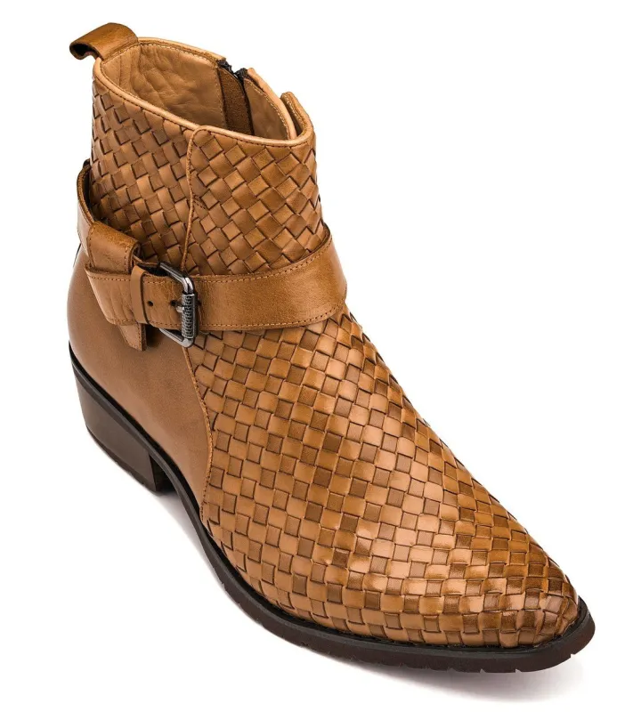 Light Brown Woven Buckle High-Top Ankle Zip-Up Boots - 3.3 Inches Taller made by Sartoro