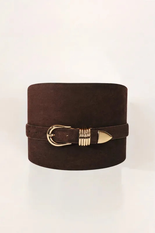 Bodice Belt Short Chocolate Suede Gold made by Dehanche