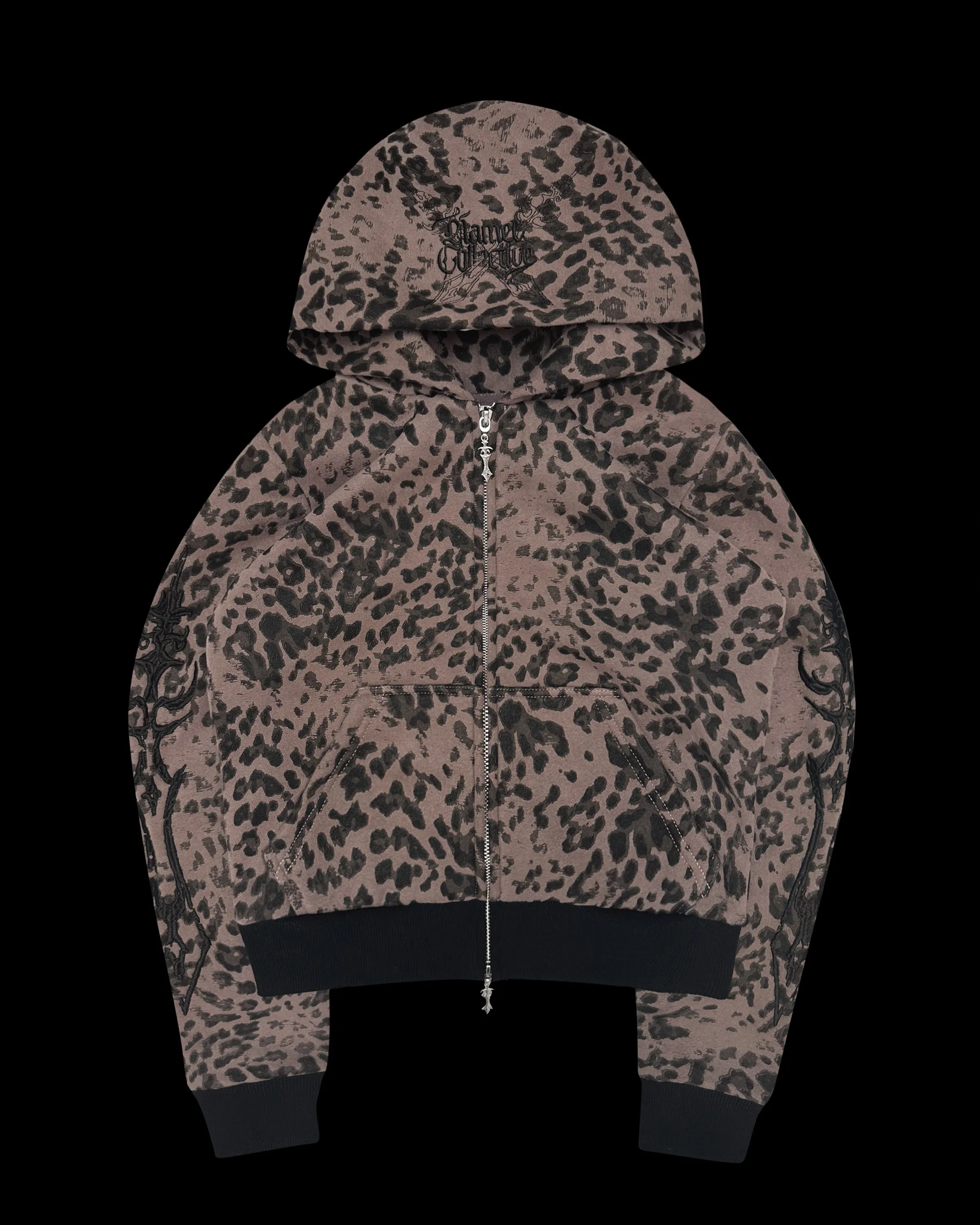 【BADBLOOD】 Dark Classic Knit Track Zip-Up - Leopard Leopard Luxe Zip Hoodie in Claret Contrast, Rockabilly, Rave