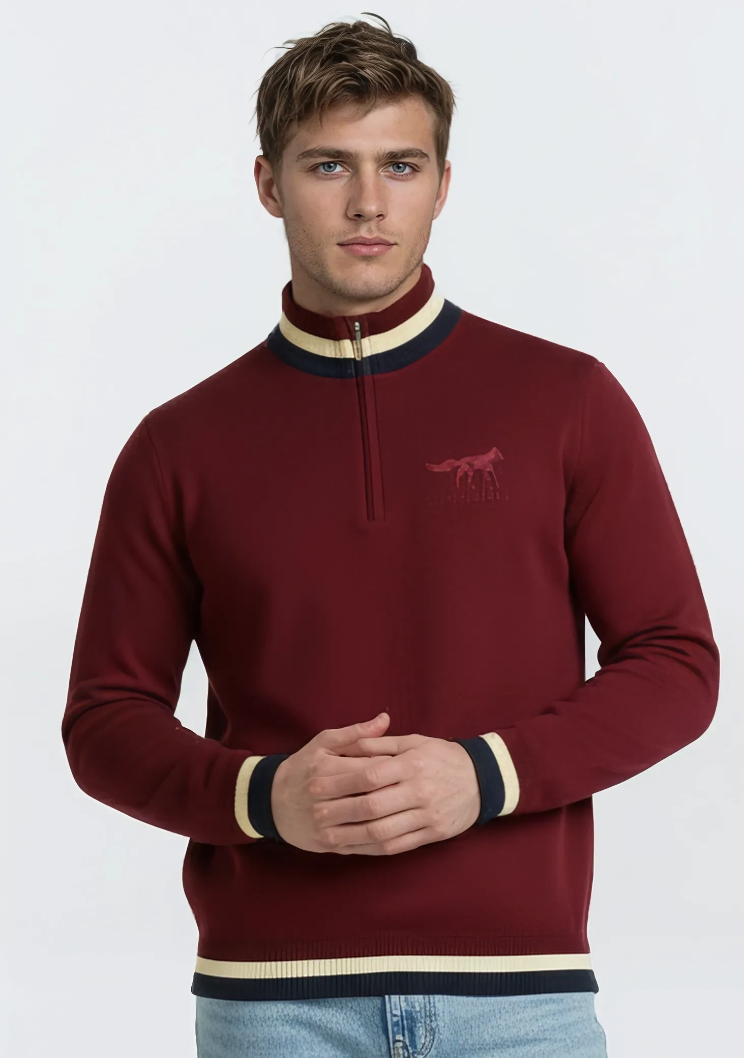 Knitted Unisex Quarter Zip | Burgundy sold by Cotswold Fox