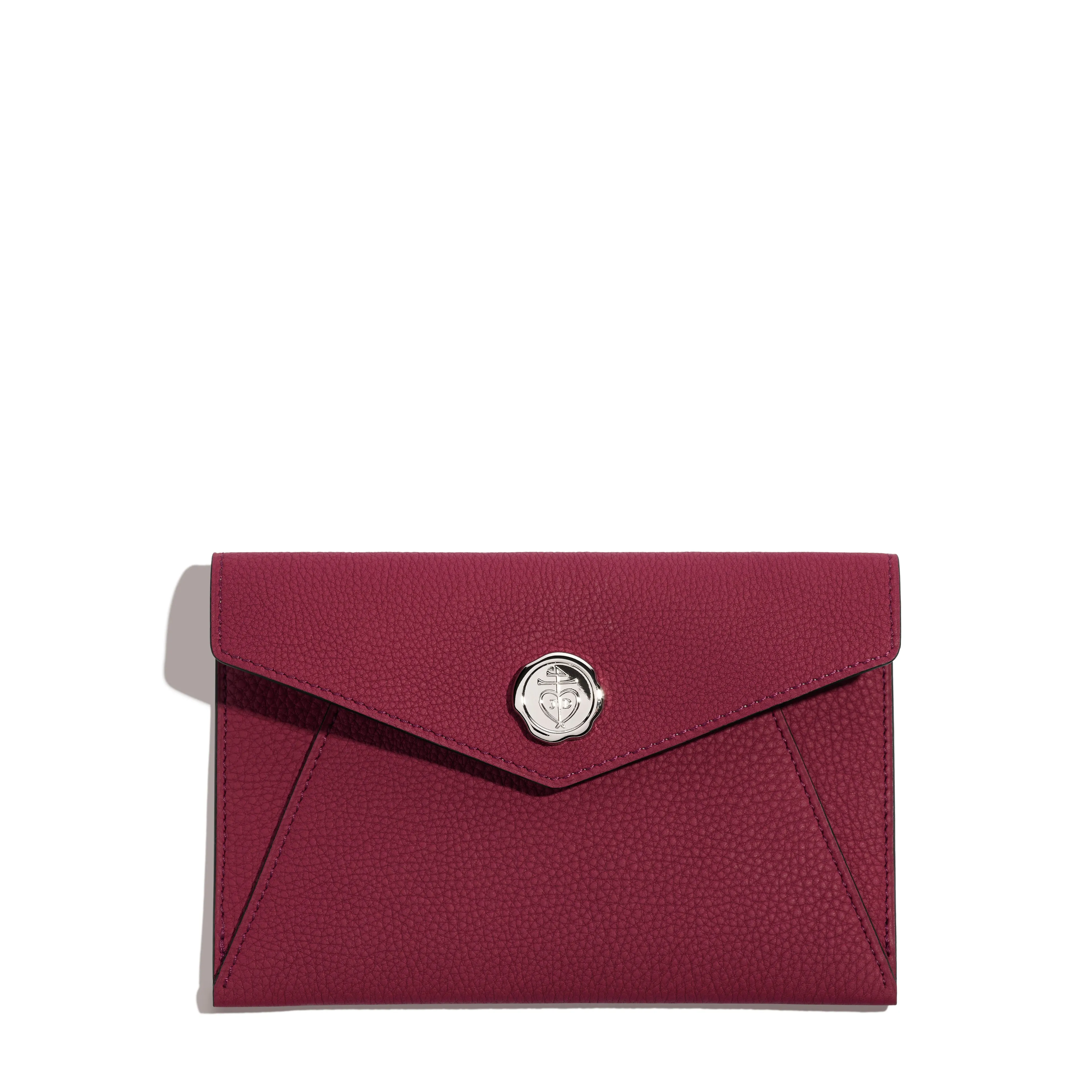 Fontélie Envelope Clutch in Aubergine Concerto leather sold by Joseph Duclos