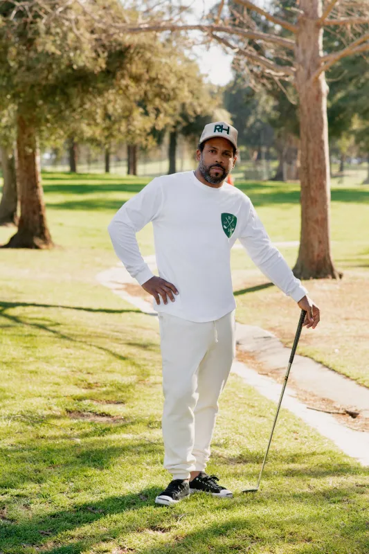 Fairway Unisex Long Sleeve Tee with Shield in White made by Recreational Habits