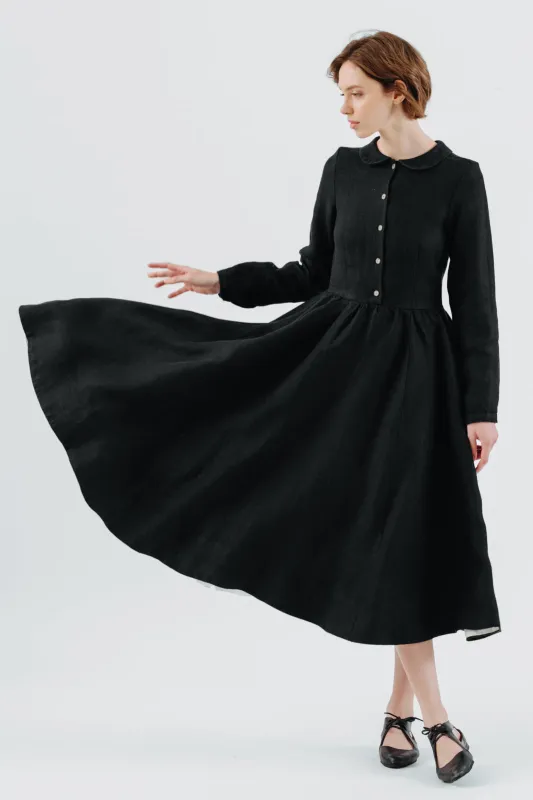 Classic Dress, Long Sleeve, Twill Linen, Black Herringbone sold by Son de Flor