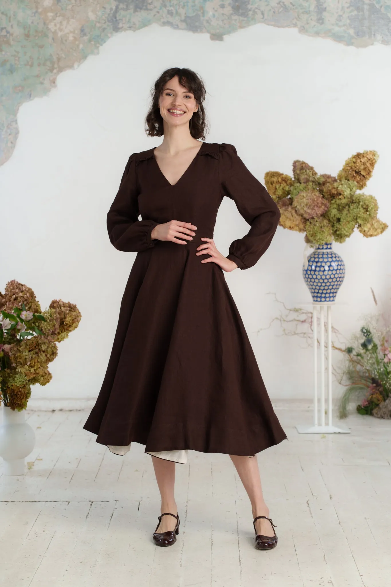 Bridget Dress, Long Sleeve, Twill Linen, Espresso Brown sold by Son de Flor