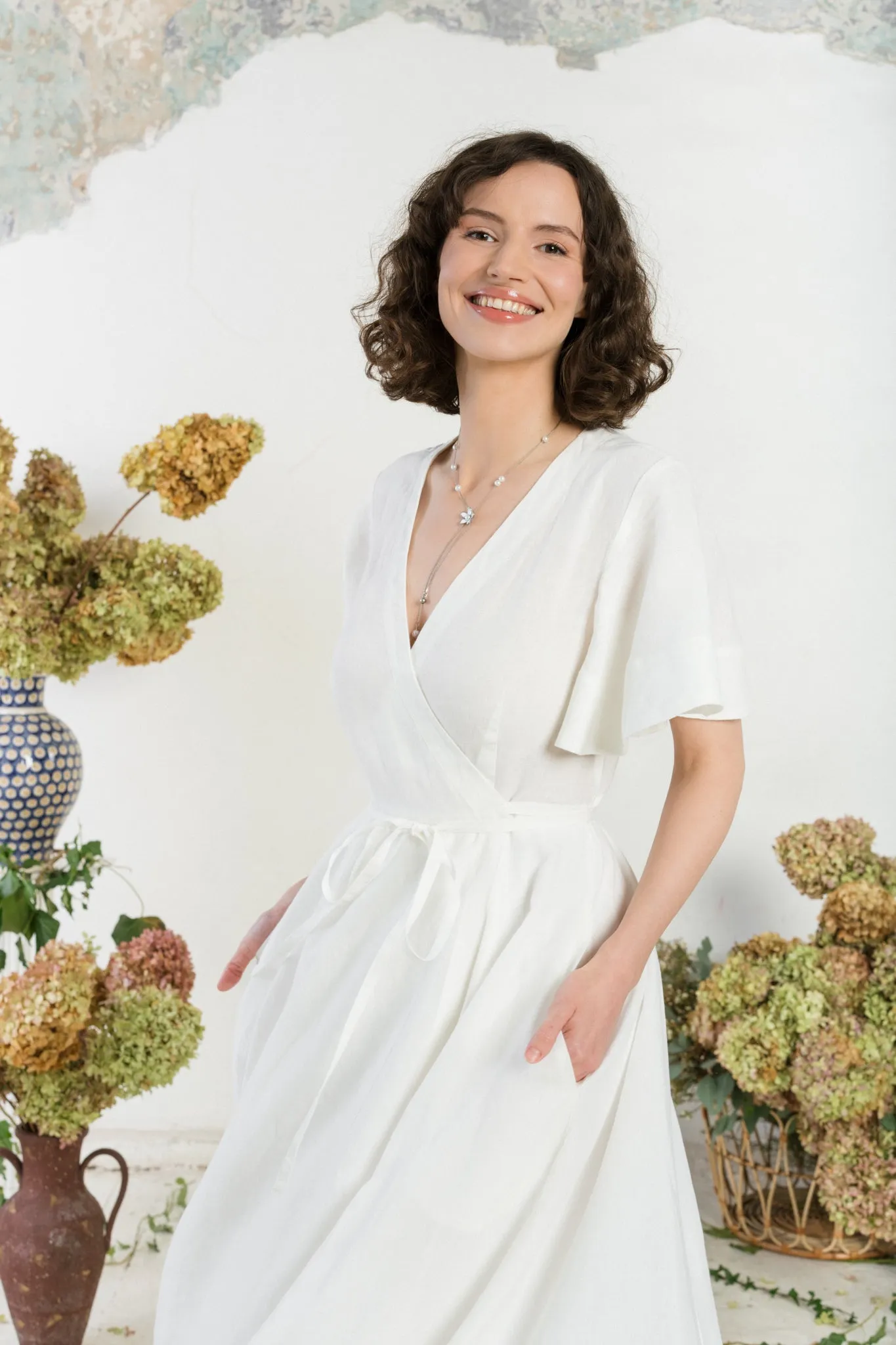 Maxi Wrap Dress, Butterfly Sleeve, White Magnolia sold by Son de Flor product image thumbnail 2
