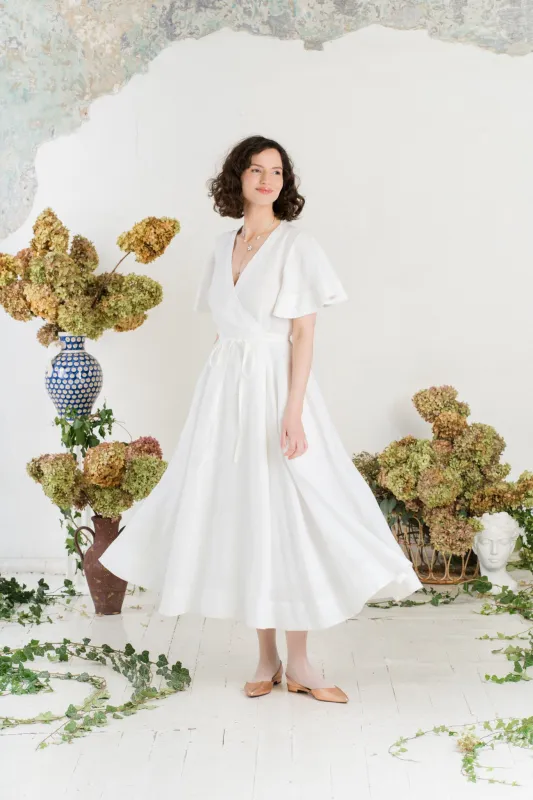 Maxi Wrap Dress, Butterfly Sleeve, White Magnolia sold by Son de Flor