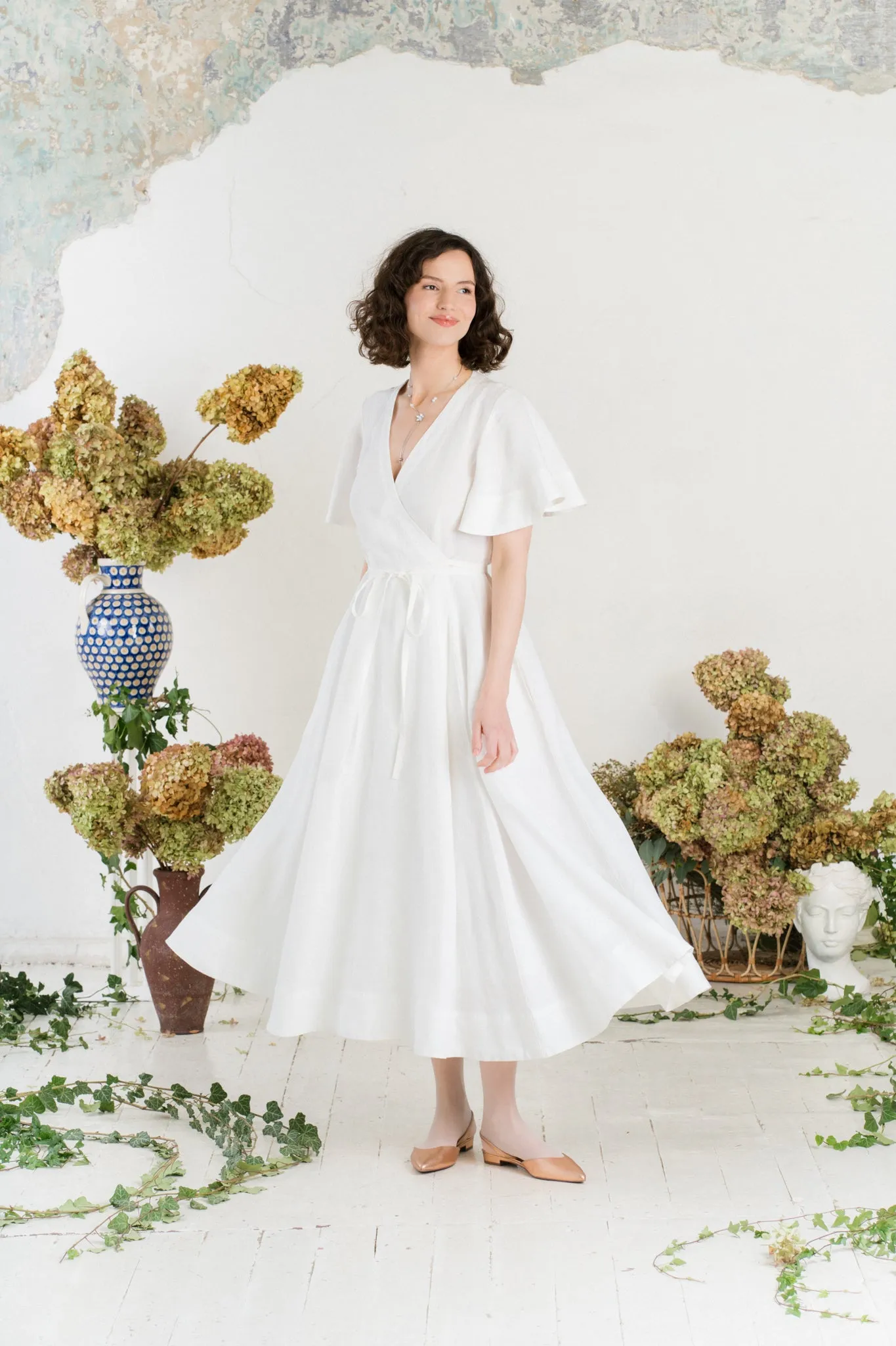 Maxi Wrap Dress, Butterfly Sleeve, White Magnolia sold by Son de Flor
