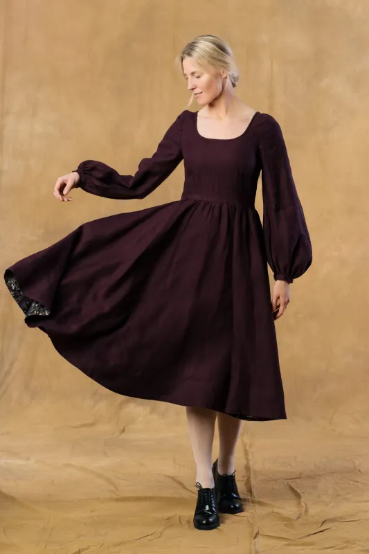 Carmen Dress, Long Sleeve, Twill Linen, Royal Grape sold by Son de Flor