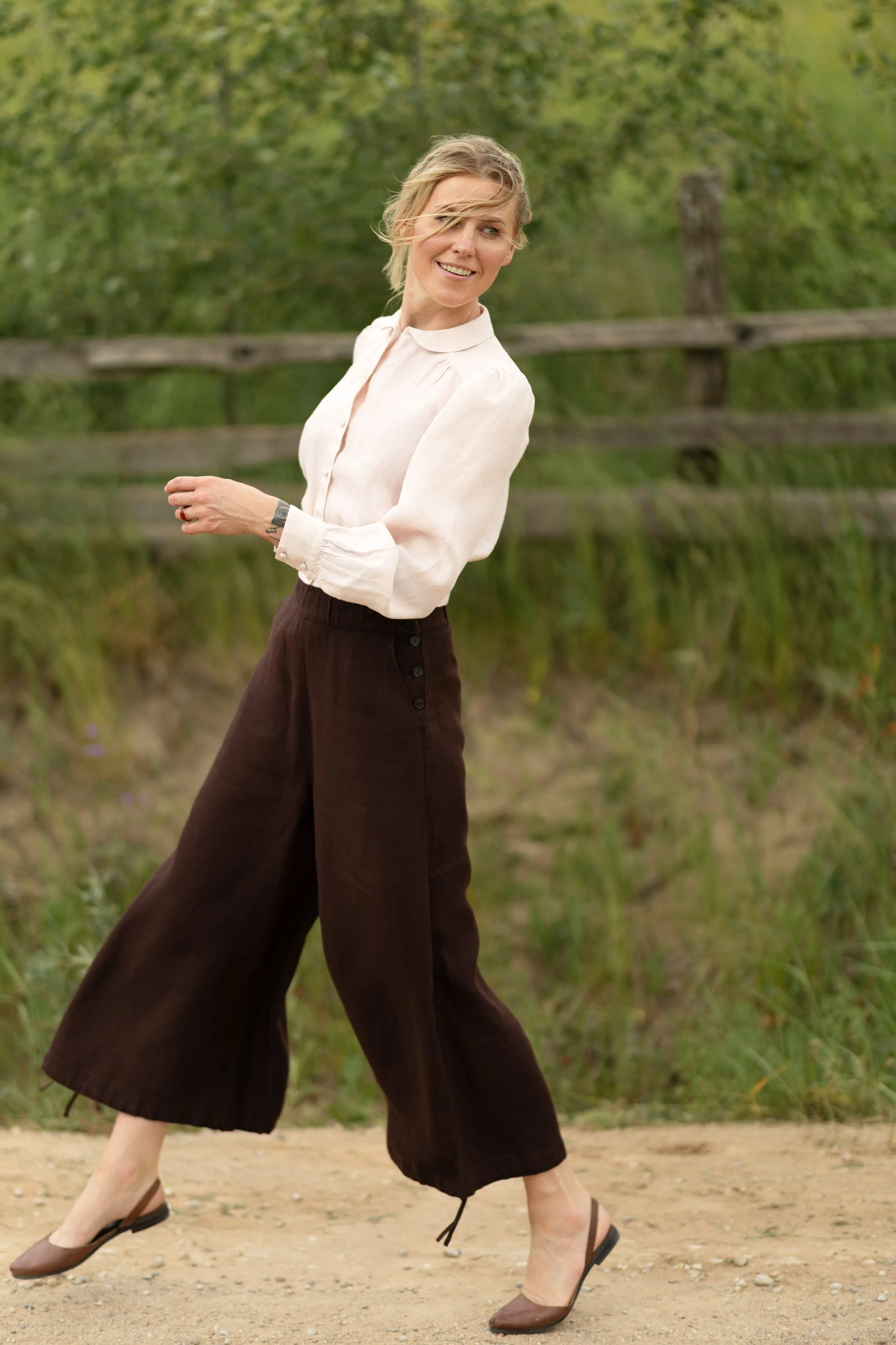Midi Charlotte Trousers, Twill Linen, Espresso Brown sold by Son de Flor