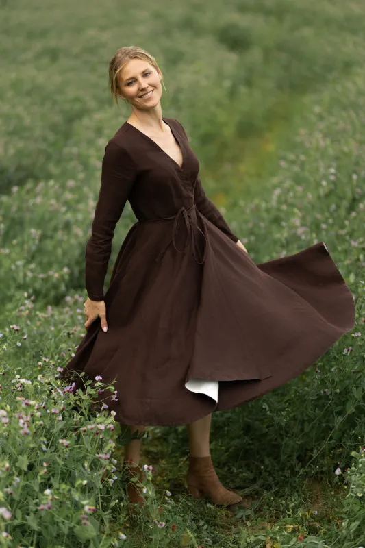 Wrap Dress, Long Sleeve, Twill Linen, Espresso Brown sold by Son de Flor