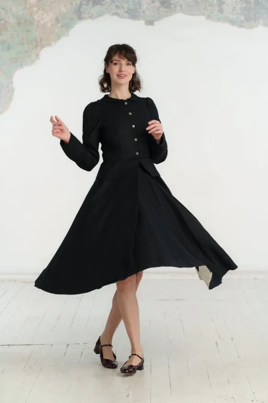 Elizabeth Coat, Long Sleeve, Twill Linen, Black Herringbone sold by Son de Flor