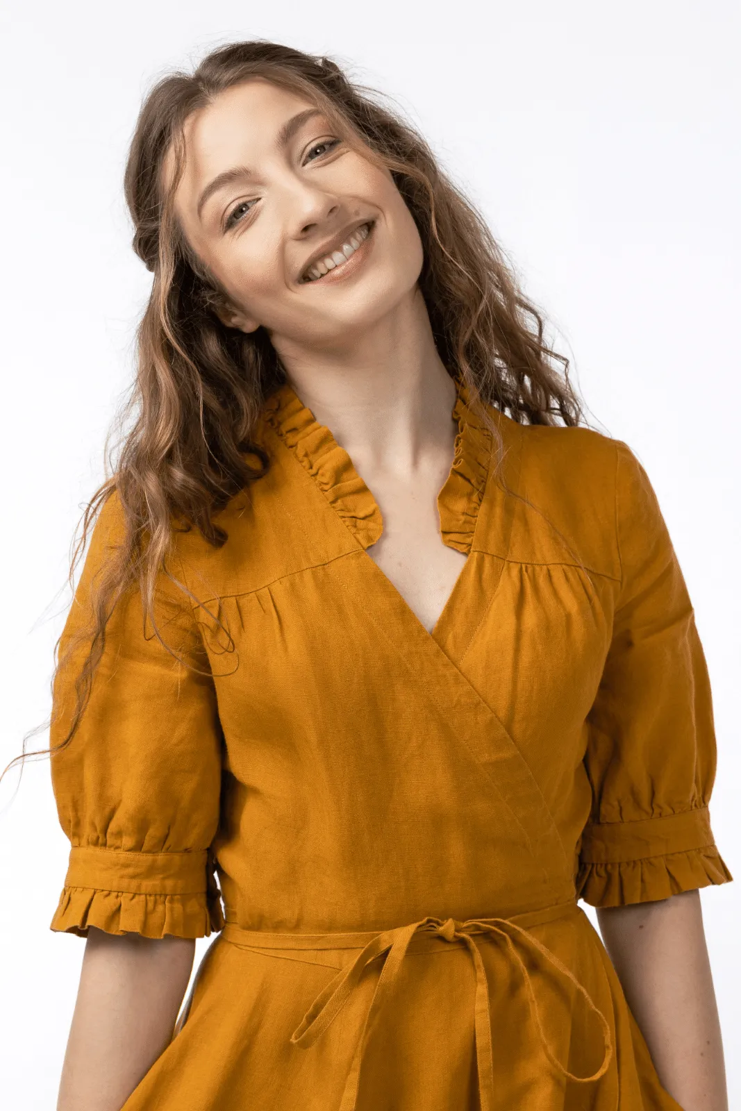 Darcy – Short Sleeve Ruffled V-Neckline Linen Wrap Dress sold by Son de Flor product image thumbnail 3