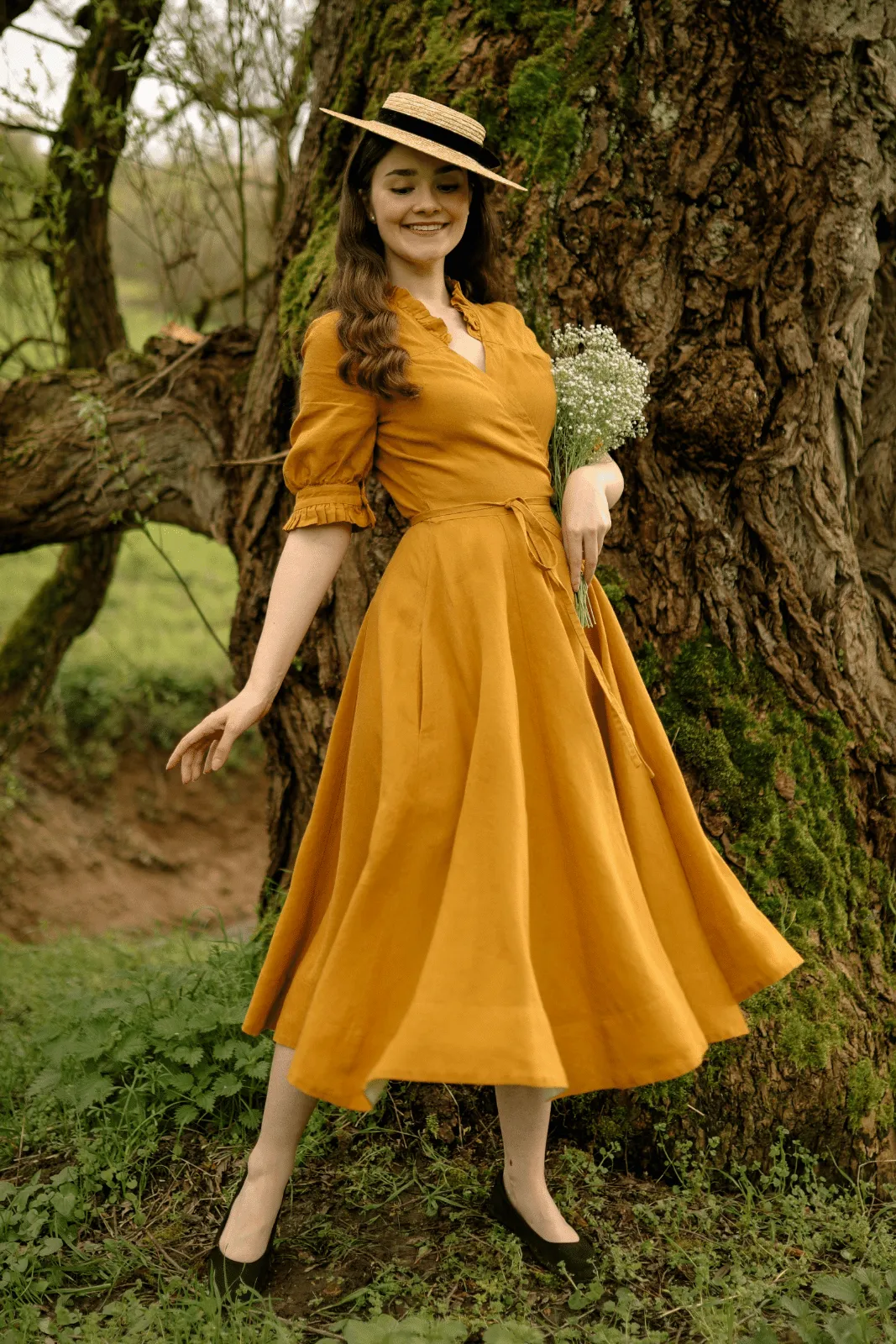 Darcy – Short Sleeve Ruffled V-Neckline Linen Wrap Dress sold by Son de Flor