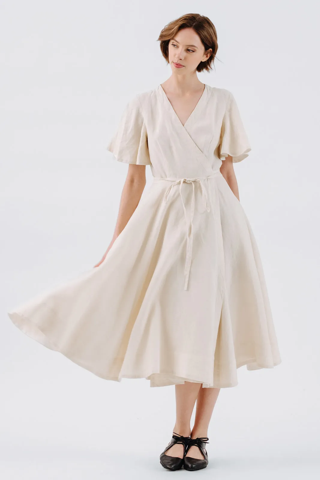 Wrap Dress, Butterfly Sleeve, Hemp, Milky White sold by Son de Flor product image thumbnail 3