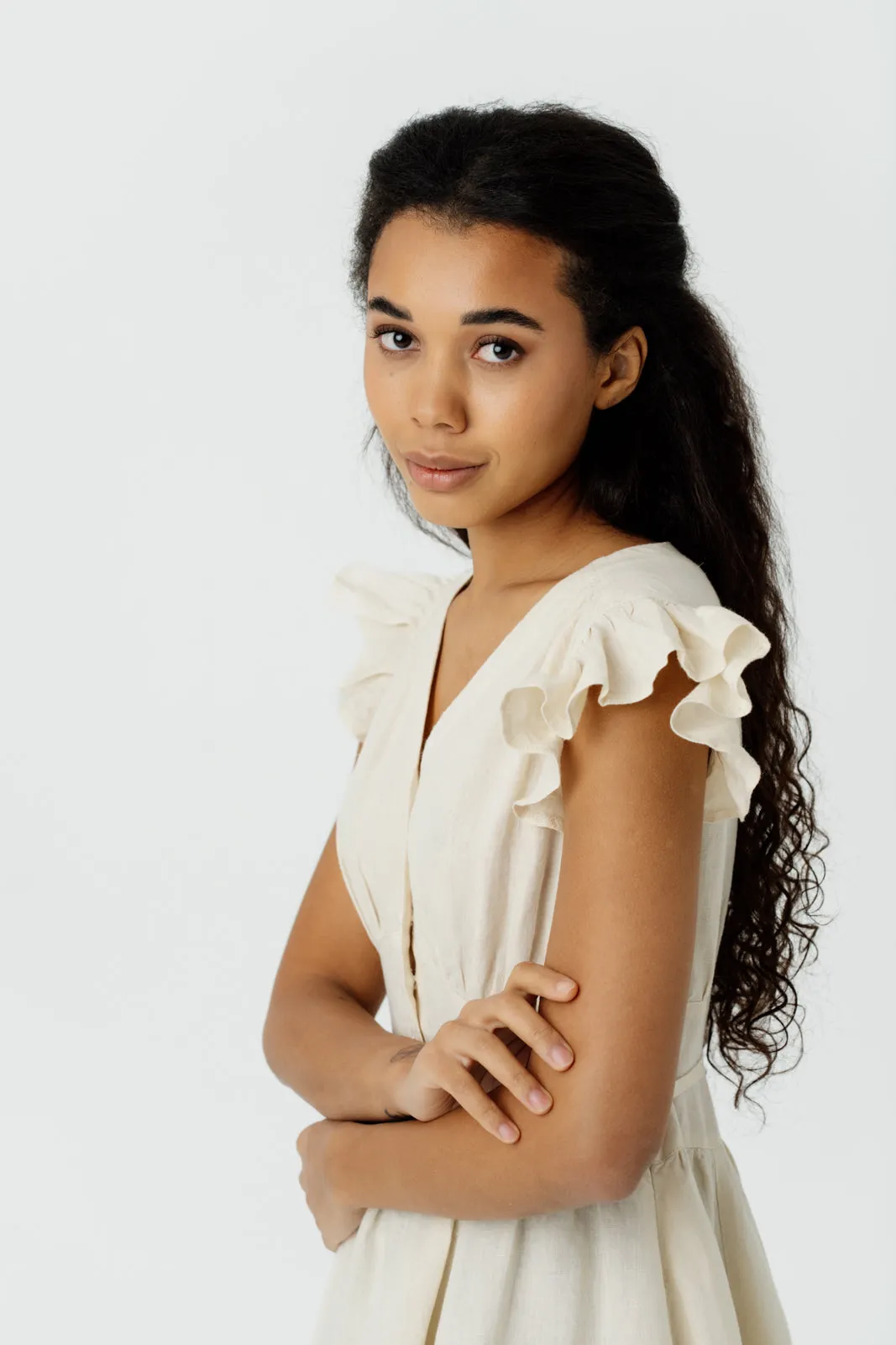 Diane Dress, Ruffle Sleeve, Hemp, Milky White sold by Son de Flor product image thumbnail 2