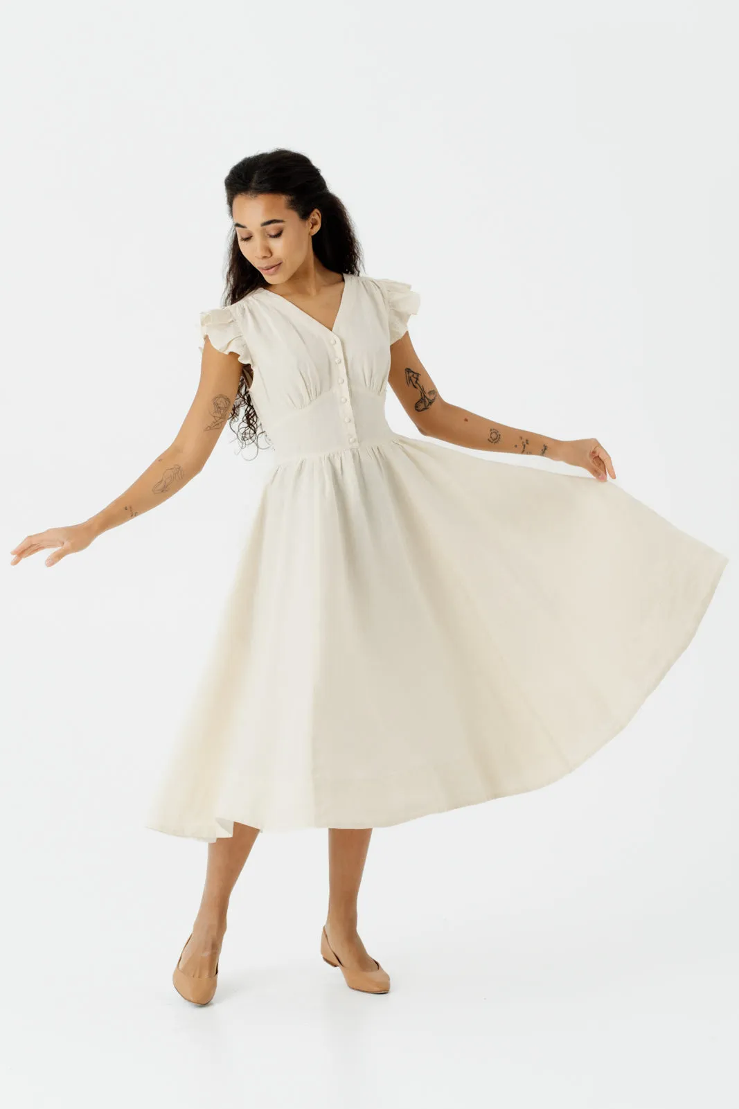 Diane Dress, Ruffle Sleeve, Hemp, Milky White sold by Son de Flor product image thumbnail 3