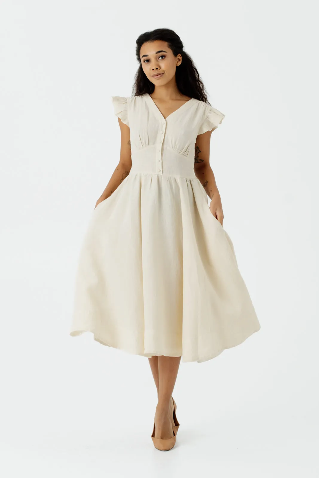 Diane Dress, Ruffle Sleeve, Hemp, Milky White sold by Son de Flor