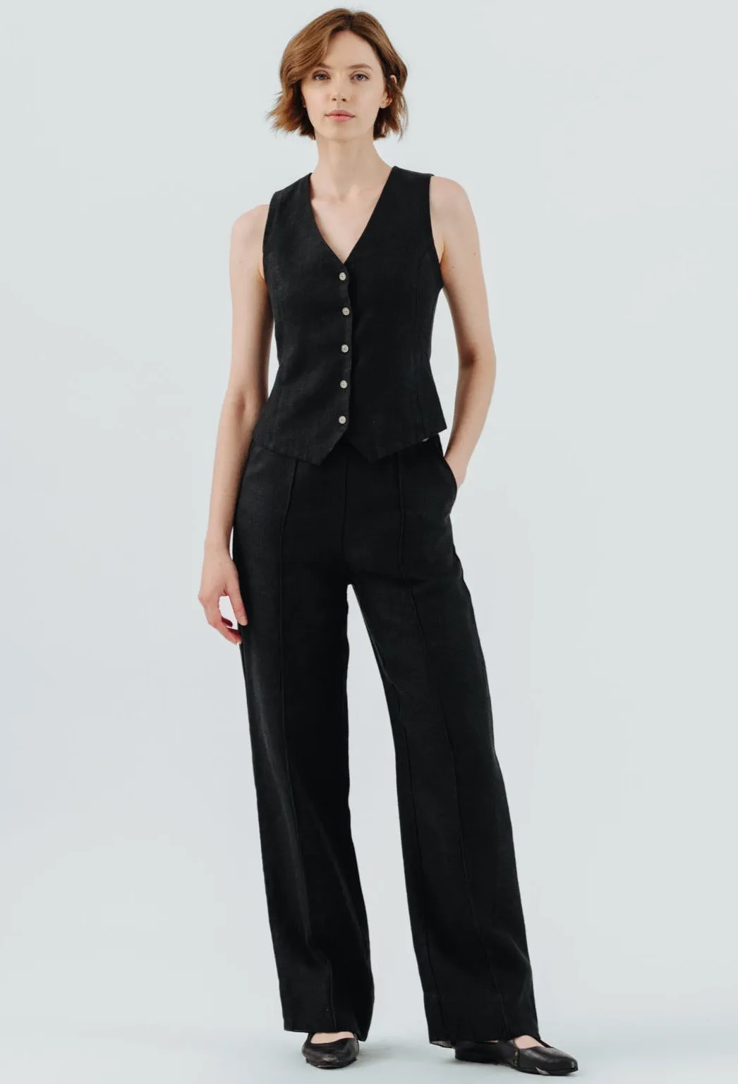 Classic Vest, Twill Linen, Black Herringbone sold by Son de Flor