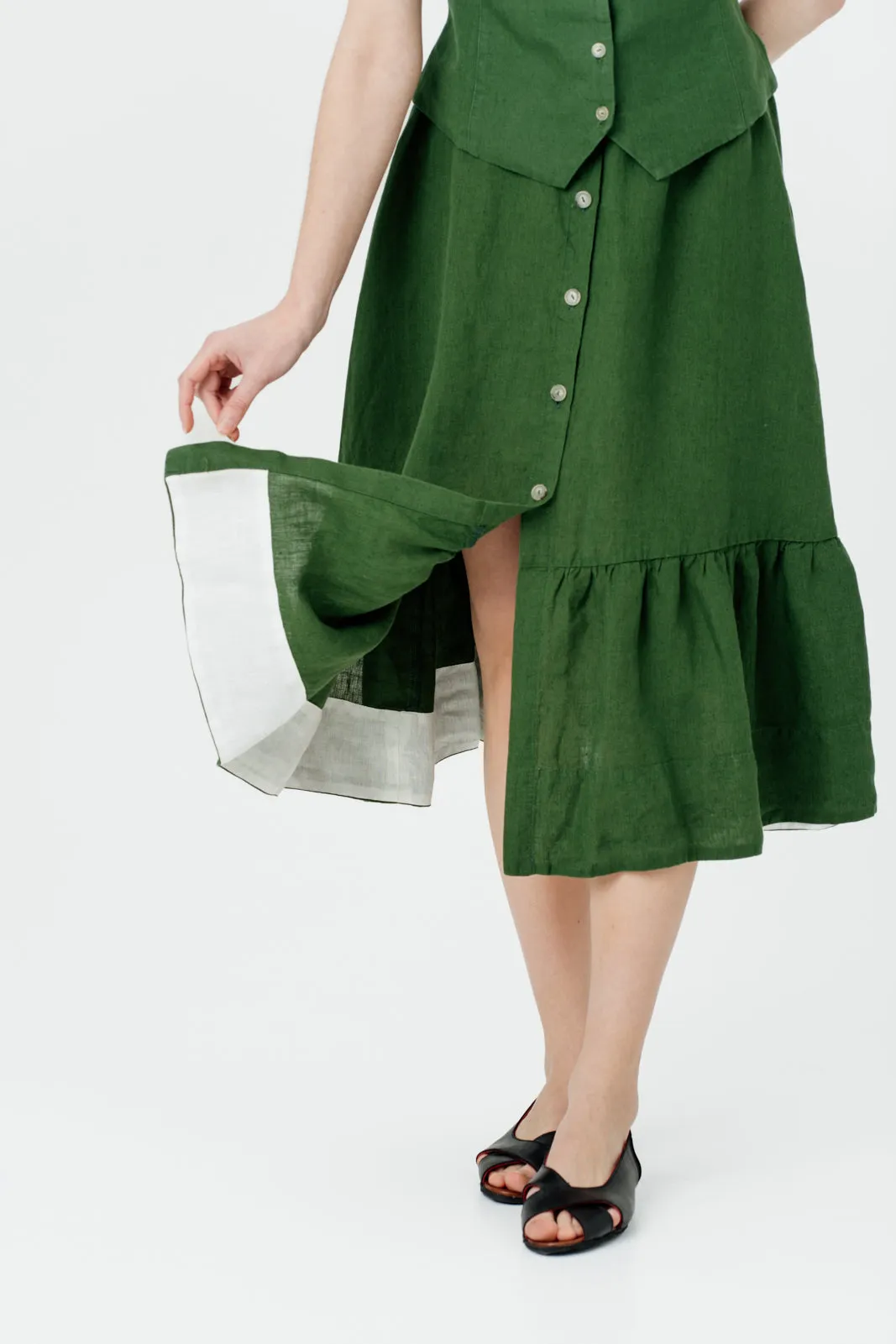 Button Down Skirt, Emerald Green sold by Son de Flor
