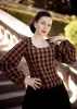 Carmen Top, Long Sleeve, Brown Checkers sold by Son de Flor