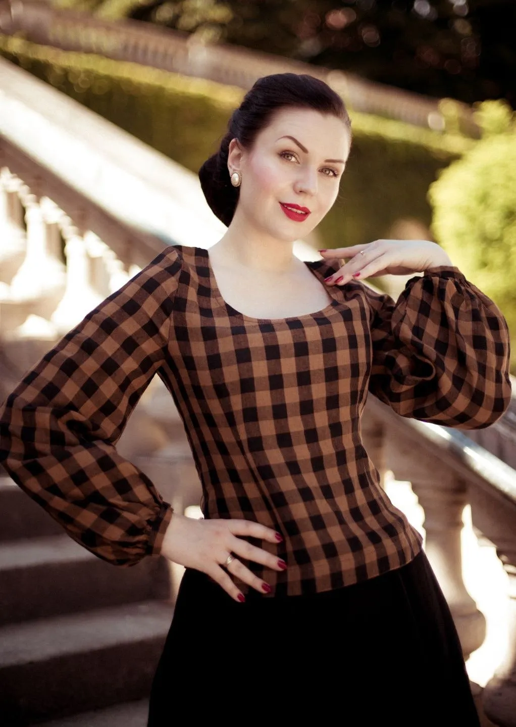 Carmen Top, Long Sleeve, Brown Checkers sold by Son de Flor product image thumbnail 2