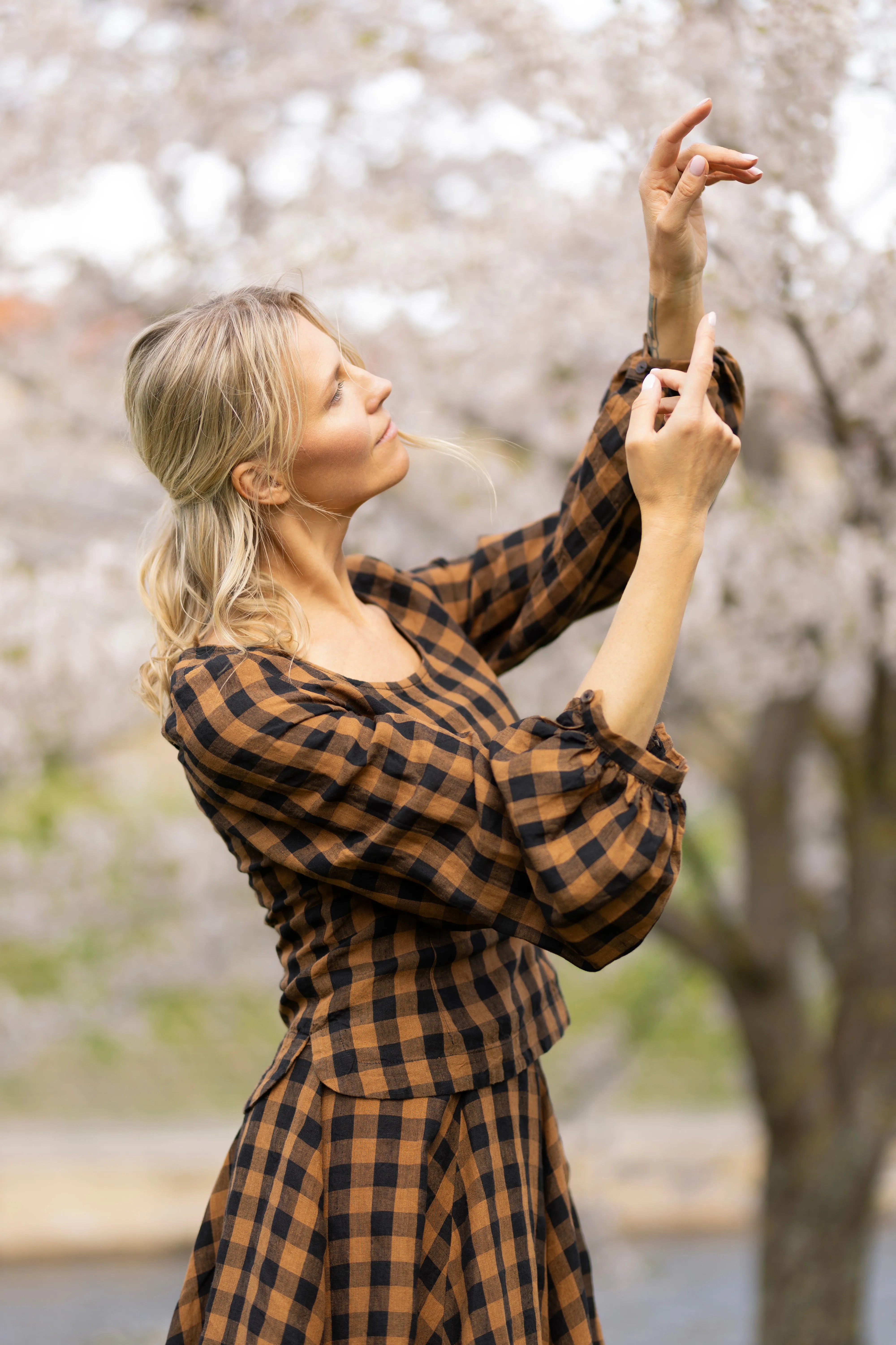 Carmen Top, Long Sleeve, Brown Checkers sold by Son de Flor