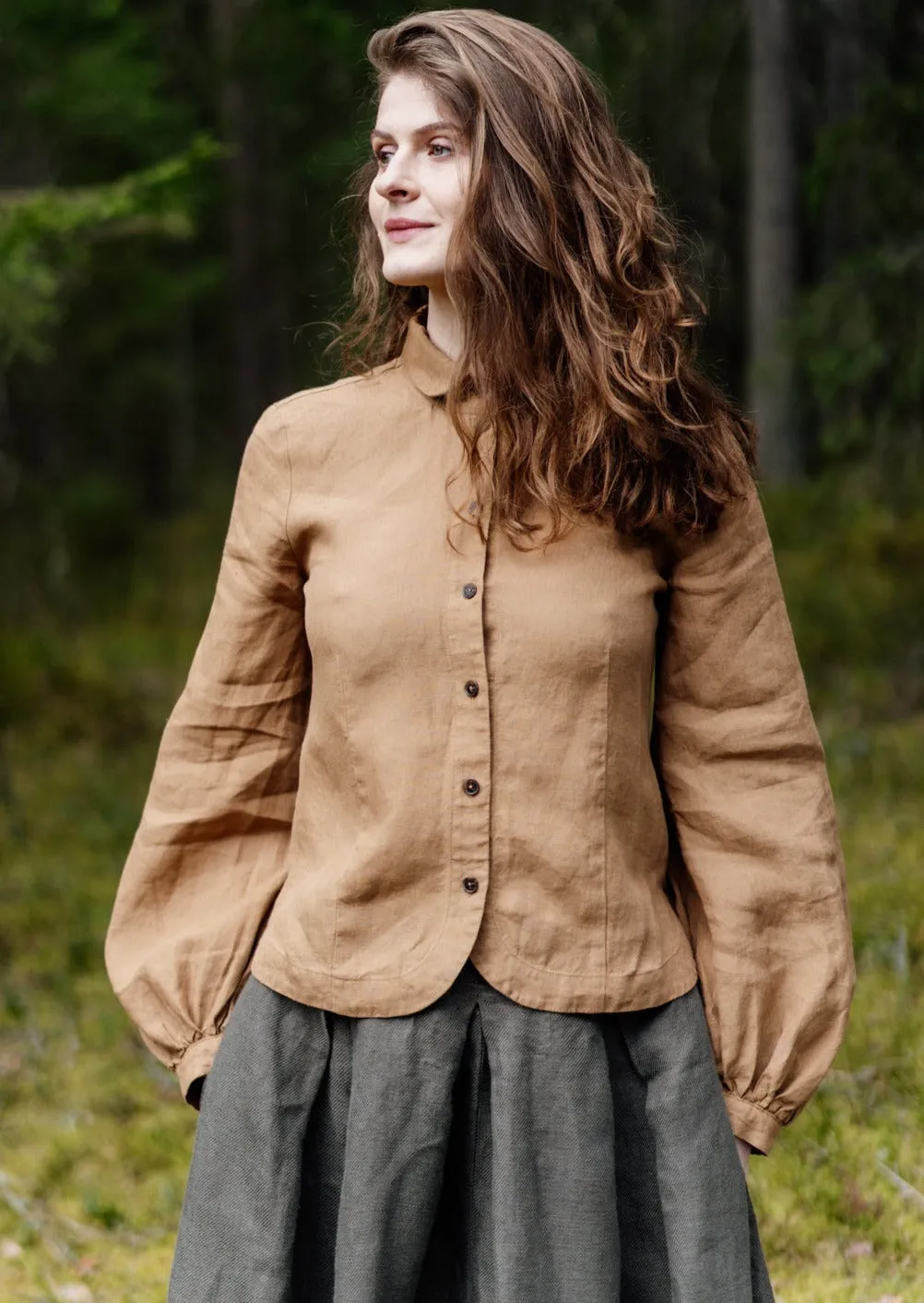 Fitted Sophie Shirt, Long Sleeve, Hemp, Camel Brown sold by Son de Flor