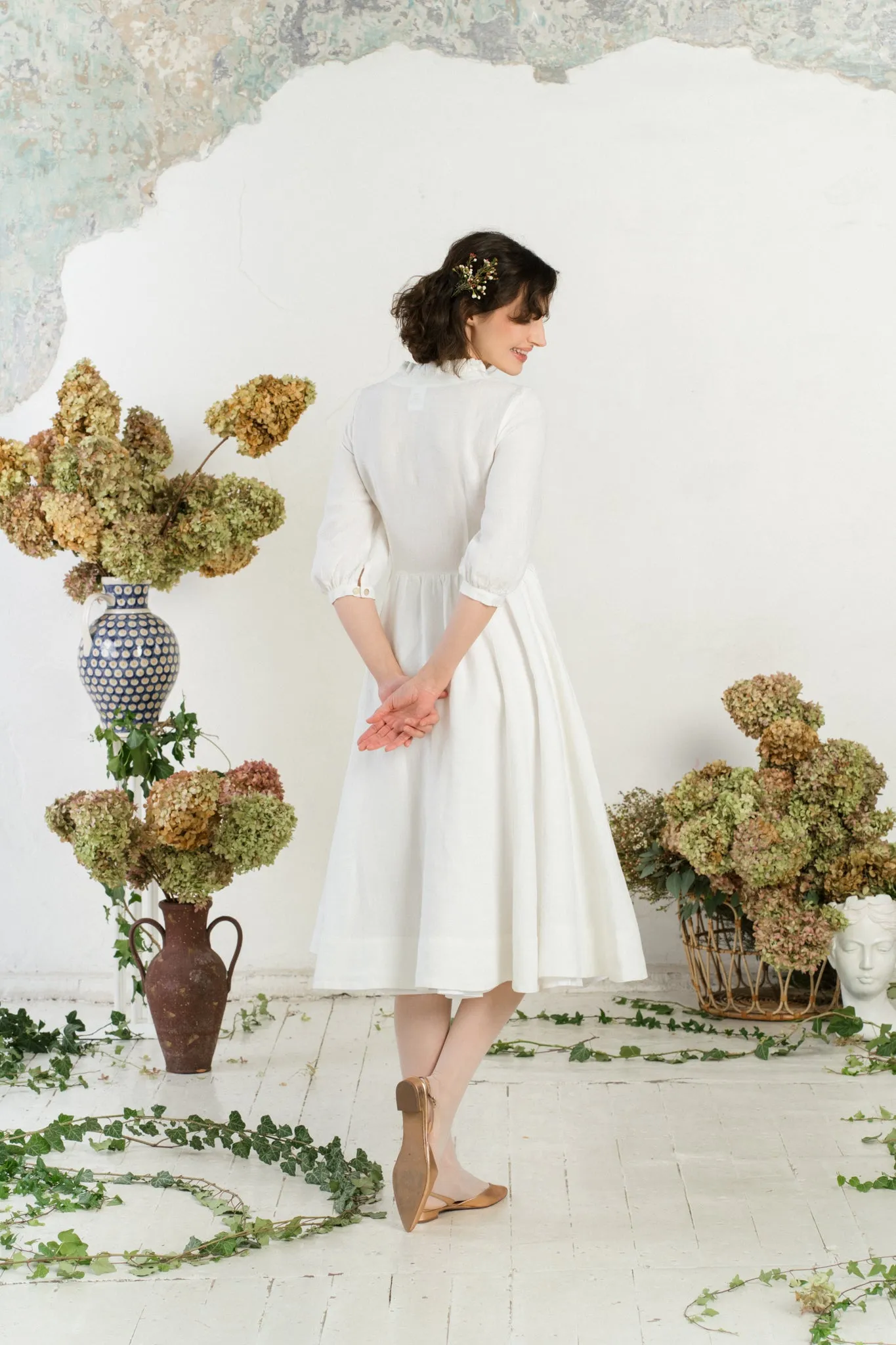 Ophelia – Puff Sleeve Ruffled V-Neck Linen Midi Dress sold by Son de Flor product image thumbnail 5