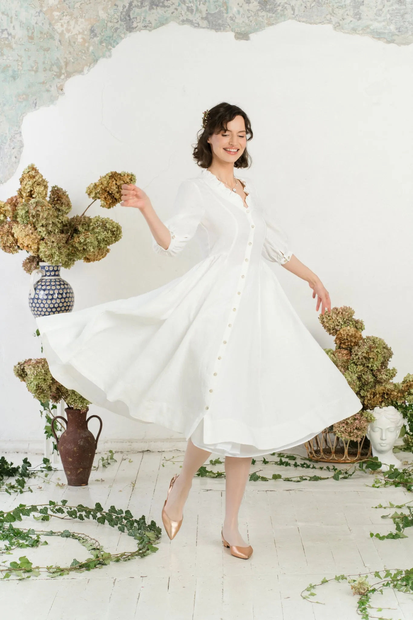 Ophelia – Puff Sleeve Ruffled V-Neck Linen Midi Dress sold by Son de Flor product image thumbnail 2