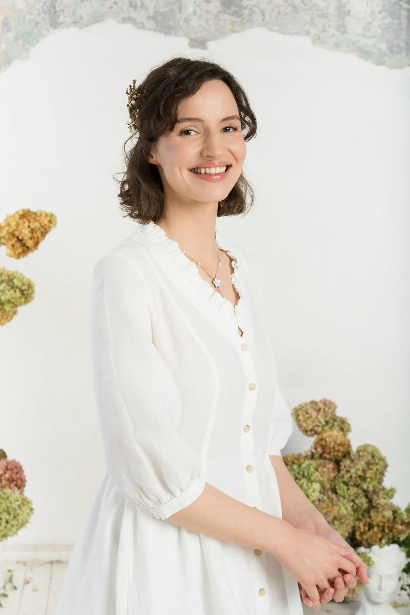 Ophelia – Puff Sleeve Ruffled V-Neck Linen Midi Dress sold by Son de Flor product image thumbnail 3