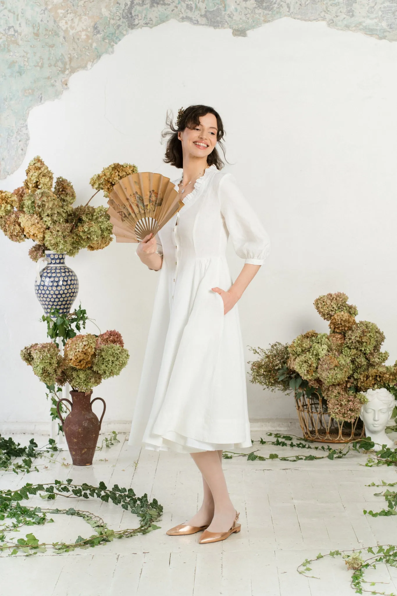 Ophelia – Puff Sleeve Ruffled V-Neck Linen Midi Dress sold by Son de Flor