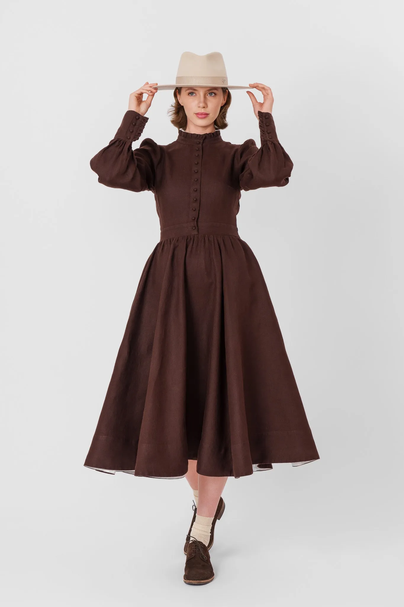 Abigail Dress, Long Sleeve, Twill Linen, Espresso Brown sold by Son de Flor