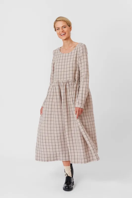 Smock Dress, Long Sleeve, Latte Grid sold by Son de Flor