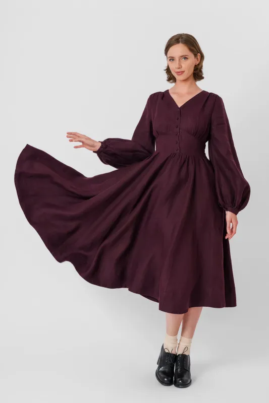 Diane Dress, Long Sleeve, Twill Linen, Royal Grape sold by Son de Flor