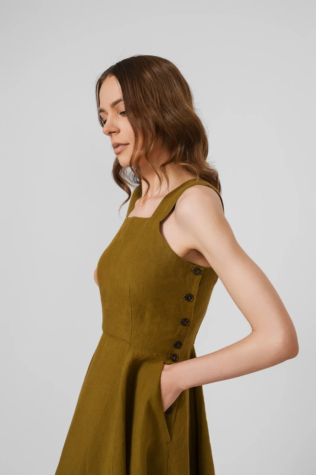 Pinafore Dress, Sleeveless, Moss Green sold by Son de Flor