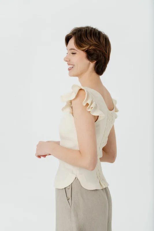 Carmen Top, Ruffle Sleeve, Hemp, Milky White sold by Son de Flor