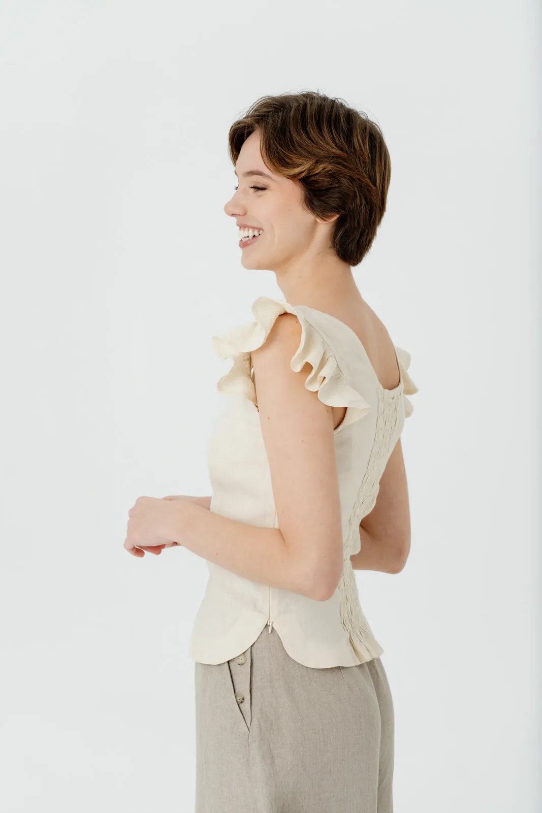 Carmen Top, Ruffle Sleeve, Hemp, Milky White sold by Son de Flor