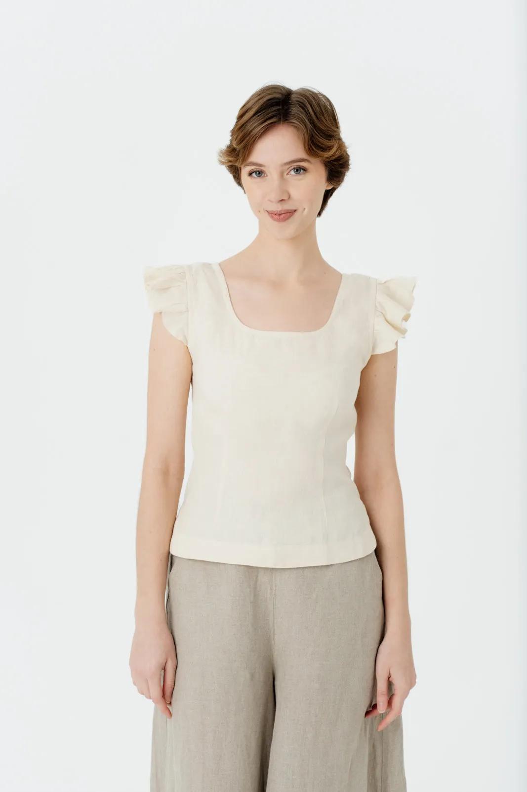 Carmen Top, Ruffle Sleeve, Hemp, Milky White sold by Son de Flor product image thumbnail 2