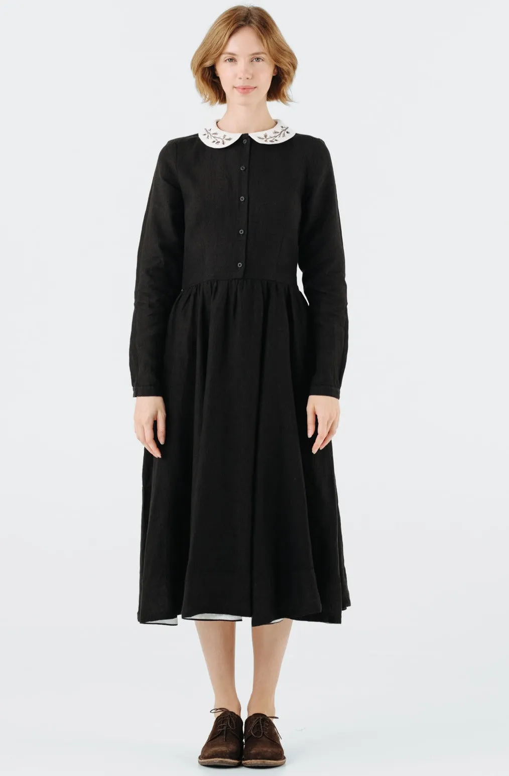 Classic Dress with Embroidered Hazelnut Collar, Long Sleeve sold by Son de Flor