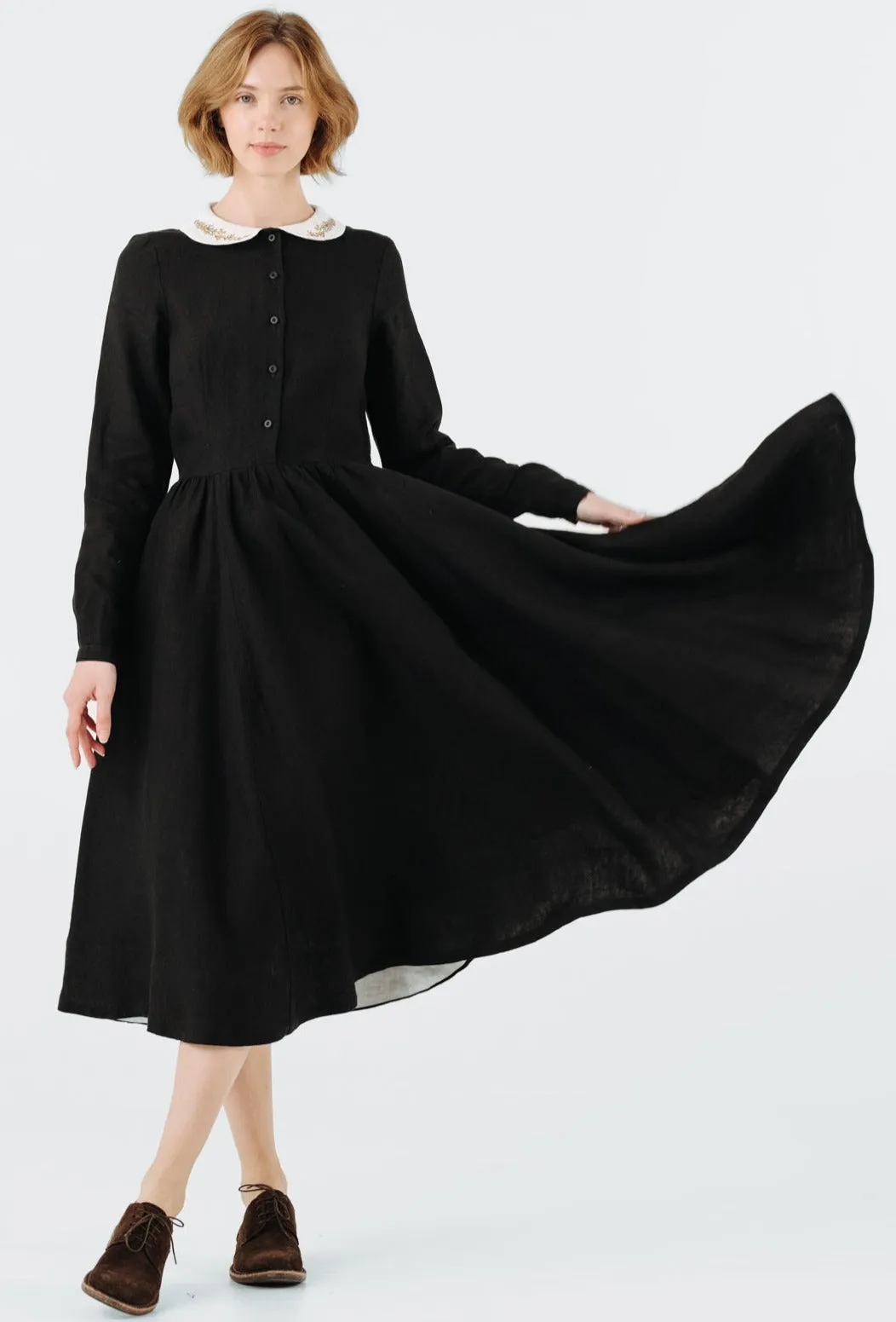 Classic Dress with Embroidered Golden Fields Collar, Long Sleeve sold by Son de Flor