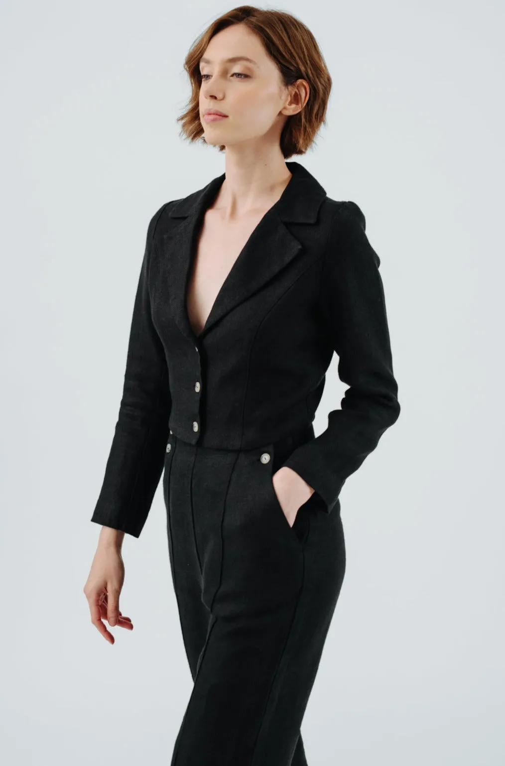 Stella Jacket, Twill Linen, Black Herringbone sold by Son de Flor product image thumbnail 3