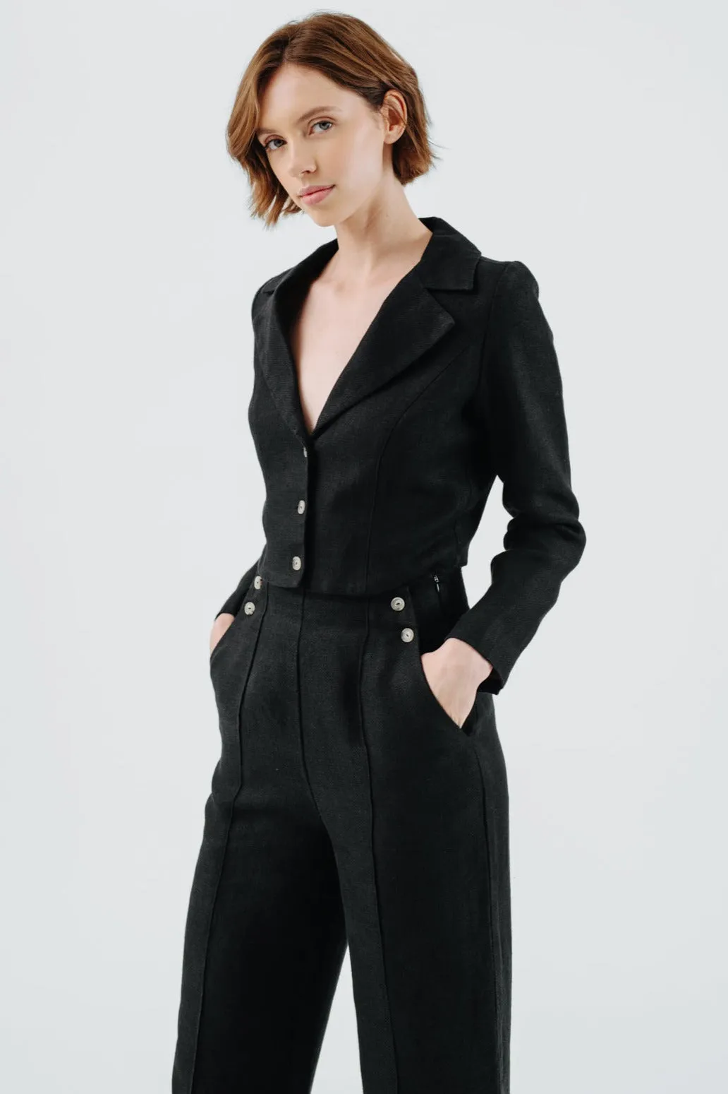 Stella Jacket, Twill Linen, Black Herringbone sold by Son de Flor