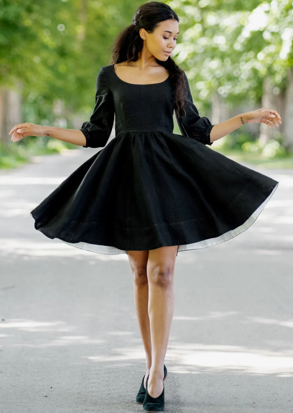 Mini Carmen Dress, 3/4 Sleeve, Black Pansy sold by Son de Flor